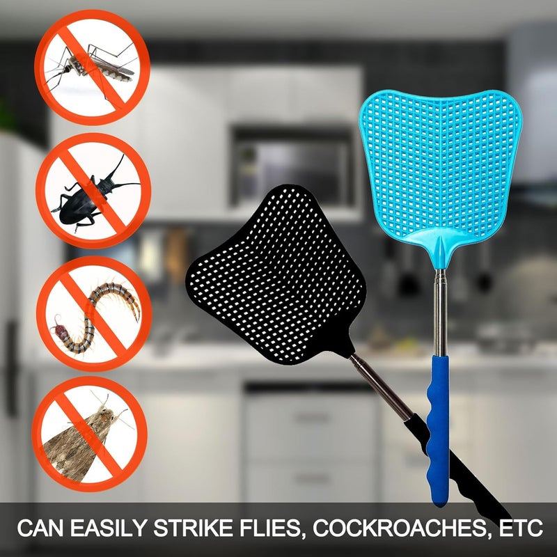 MILEDU Telescopic Fly Swatters, Long Plastic Extendable Fly Swatter Manual, Retractable Swatters, Telescoping Swat, Stainless Steel Handle, Swatting Flies, Spiders, etc.,3Pcs (Black+Black+Blue) - Image 5